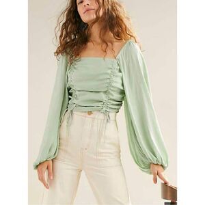 Free People laria Blouse Pleated Adjustable Drawstring Puff Sleeve bright Mint g